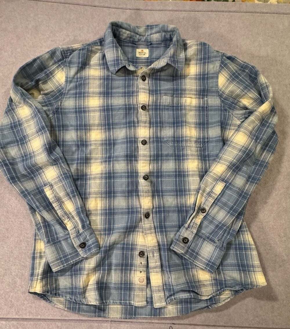 Marine Layer Plaid Long Sleeve Button-Up Shirt Size L Blue Yellow